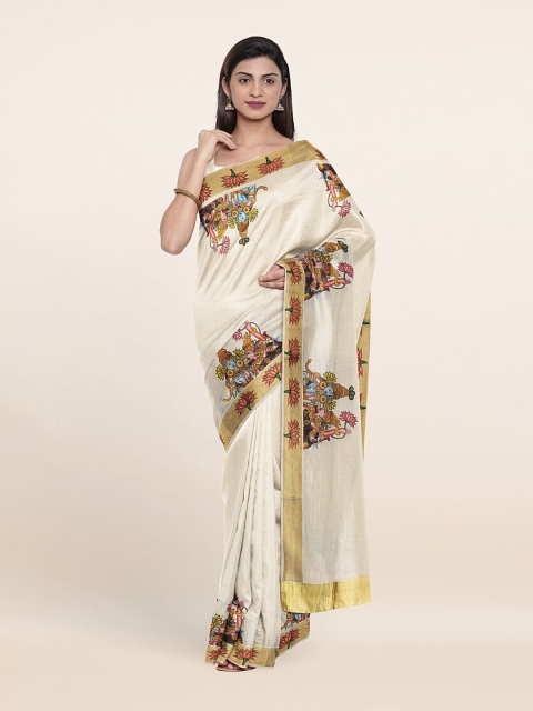 

Pothys Off White & Blue Ethnic Motifs Zari Pure Cotton Saree