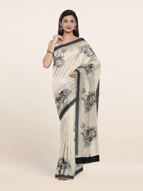 

Pothys women Off White & Black Kalamkari Zari Pure Cotton Saree