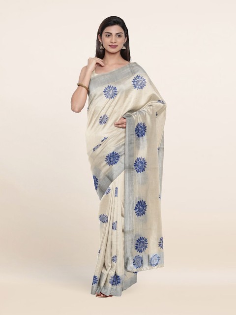 

Pothys Off White & Silver-Toned Floral Zari Pure Cotton Saree