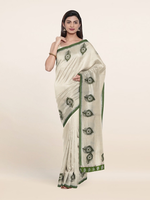 

Pothys Off White & Green Ethnic Motifs Pure Cotton Saree