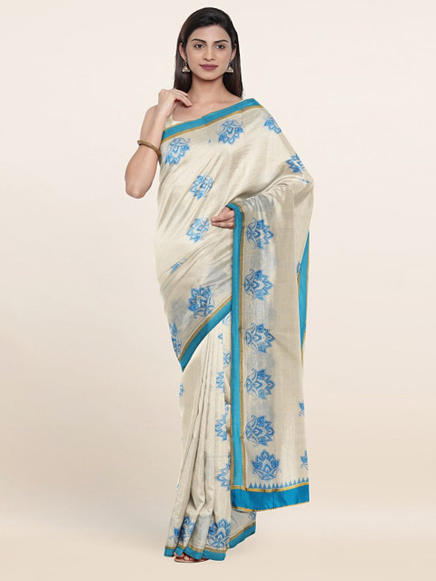 

Pothys Off White & Blue Floral Zari Pure Cotton Saree
