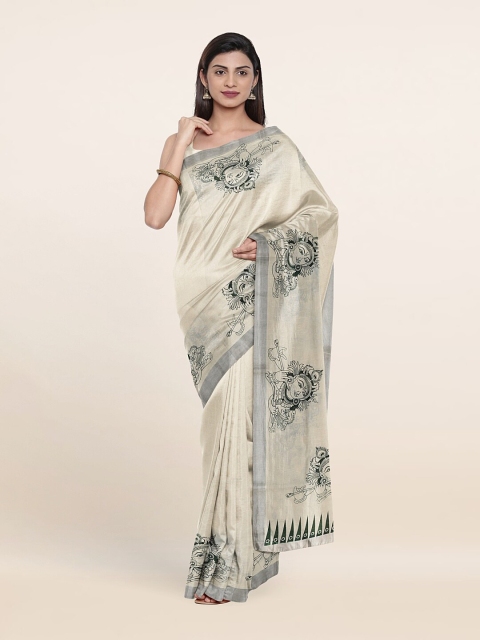 

Pothys Off White & Silver-Toned Ethnic Motifs Zari Pure Cotton Saree
