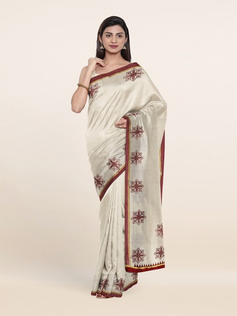 

Pothys Off White & Maroon Ethnic Motifs Zari Pure Cotton Saree