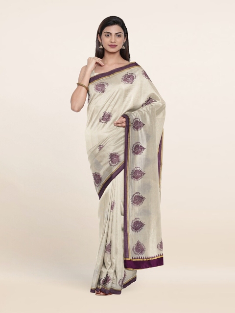 

Pothys Off White & Purple Ethnic Motifs Zari Pure Cotton Saree