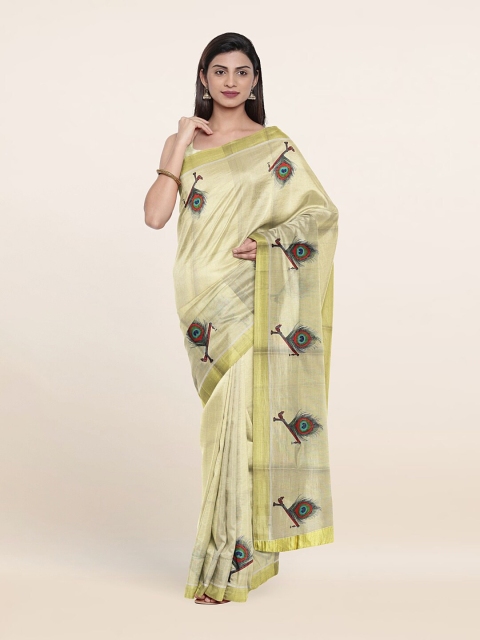 

Pothys Gold-Toned & Green Ethnic Motifs Zari Pure Cotton Saree