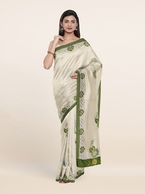 

Pothys Off White & Green Floral Pure Cotton Onam Saree