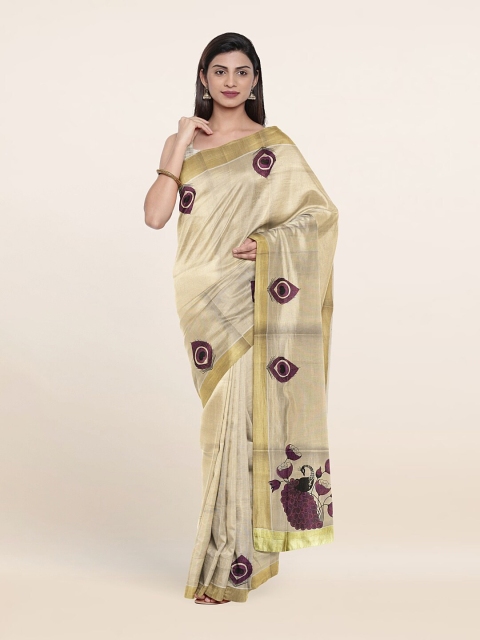 

Pothys Women Gold-Toned Peacock Print Zari Border Pure Cotton Saree