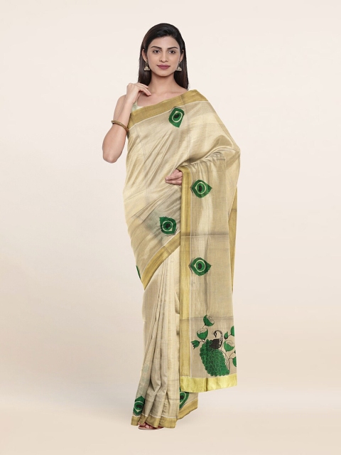 

Pothys Gold-Toned & Green Ethnic Motifs Zari Pure Cotton Saree