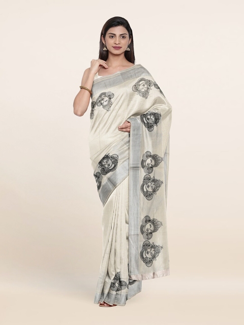 

Pothys Off White & Black Ethnic Motifs Zari Pure Cotton Onam Saree