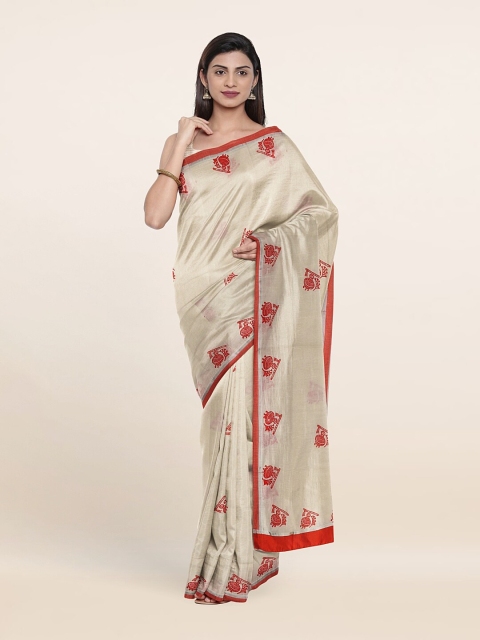 

Pothys Off White & Red Ethnic Motifs Pure Cotton Saree