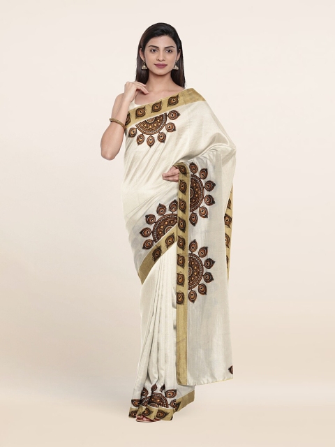 

Pothys Women Off White & Brown Peacock Feather Print Pure Cotton Saree