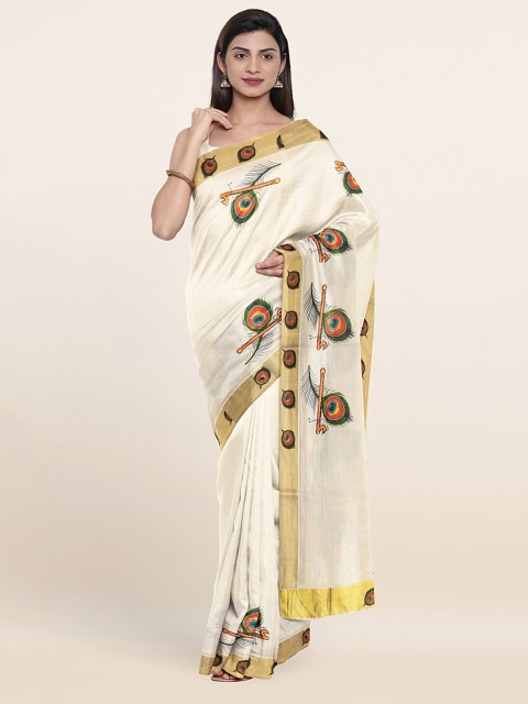 

Pothys Off White & Green Ethnic Motifs Pure Cotton Saree