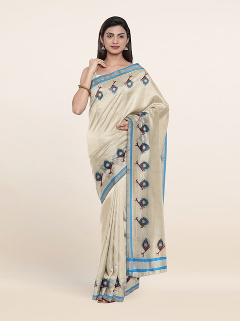 

Pothys Off White & Blue Ethnic Motifs Zari Pure Cotton Saree