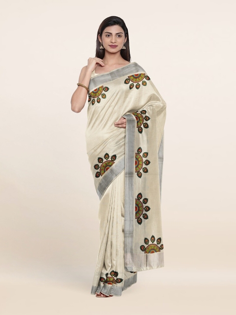 

Pothys Off White & Silver-Toned Ethnic Motifs Zari Pure Cotton Saree