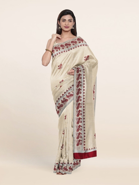 

Pothys Off White & Red Ethnic Motifs Pure Cotton Saree