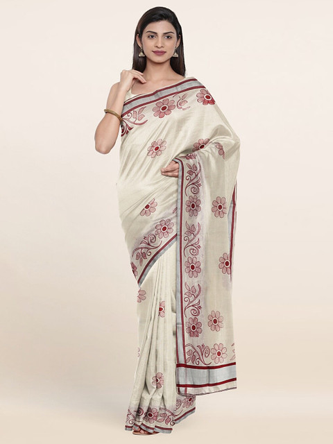 

Pothys Off White & Maroon Floral Zari Pure Cotton Saree