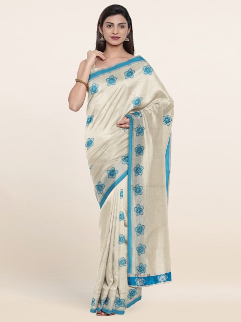 

Pothys women Off White & Blue Floral Pure Cotton Saree
