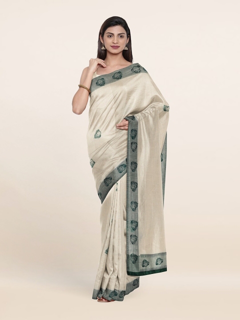 

Pothys Off White & Green Ethnic Motifs Pure Cotton Saree