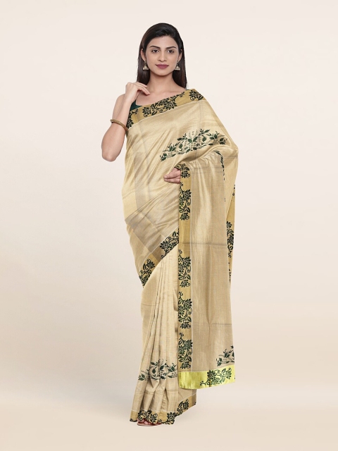 

Pothys Gold-Toned & Green Floral Zari Pure Cotton Saree