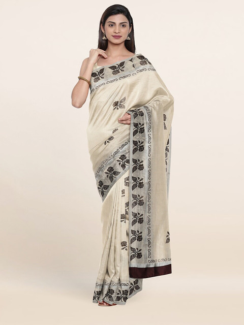 

Pothys Off White & Brown Floral Zari Pure Cotton Saree
