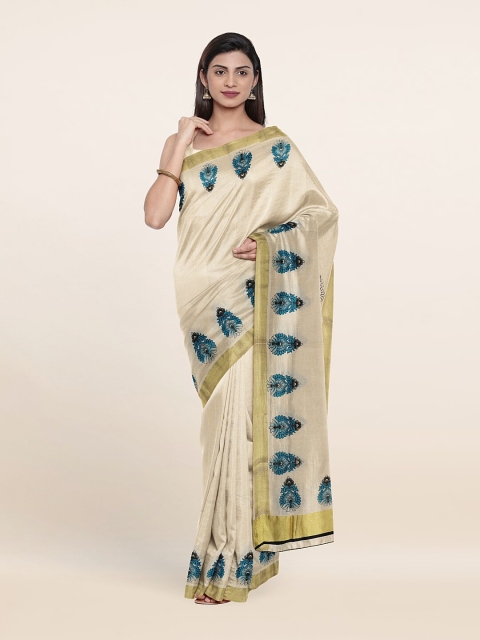 

Pothys Off White & Blue Floral Zari Pure Cotton Saree
