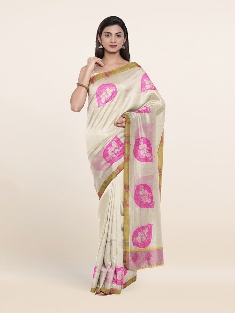 

Pothys Off White & Pink Ethnic Motifs Zari Pure Cotton Saree