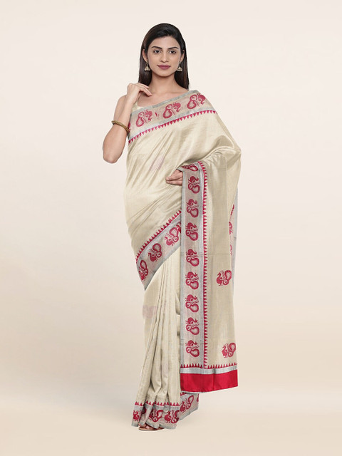 

Pothys Off White & Red Ethnic Motifs Pure Cotton Saree