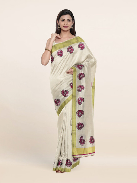 

Pothys women Off White & Magenta Ethnic Motifs Zari Pure Cotton Saree