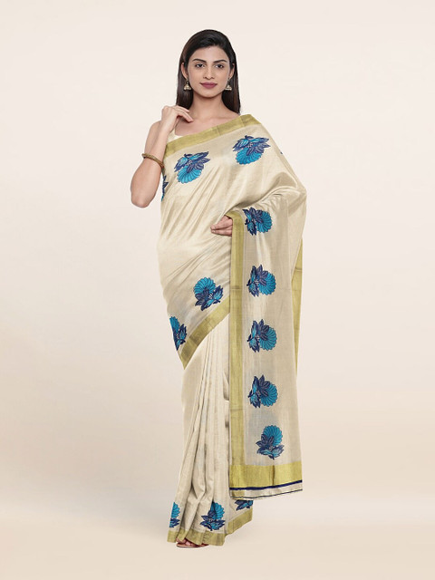 

Pothys Off White & Blue Floral Zari Pure Cotton Saree