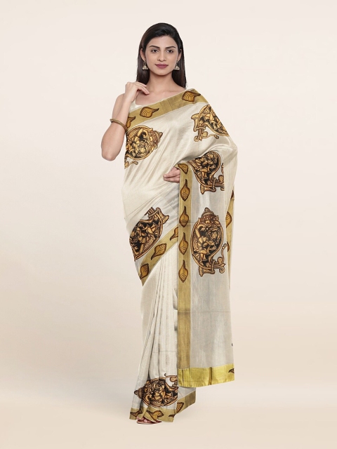 

Pothys Women Off White & Mustard Ethnic Motifs Printed Onam Pure Cotton Saree