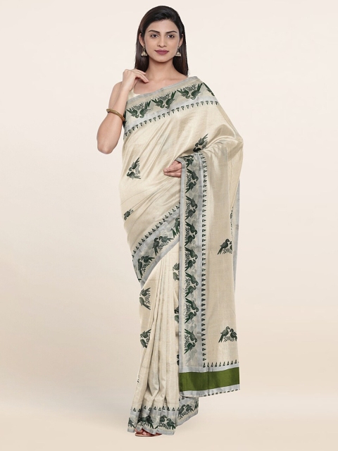 

Pothys Off White & Green Ethnic Motifs Zari Pure Cotton Saree