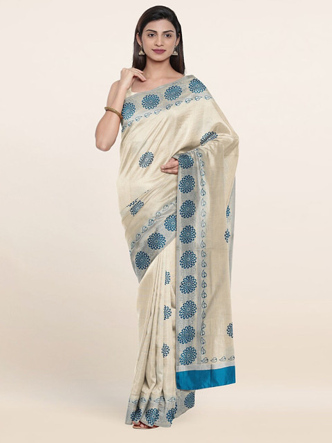 

Pothys Off White & Blue Floral Pure Cotton Saree