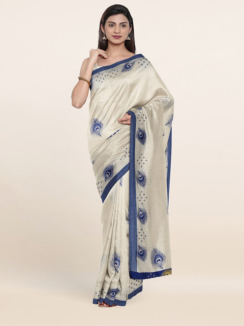 

Pothys Off White & Blue Ethnic Motifs Pure Cotton Saree