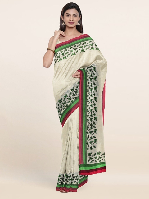 

Pothys Off White & Green Ethnic Motifs Pure Cotton Saree