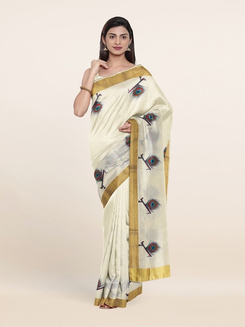

Pothys Women Off White & Blue Ethnic Motifs Onam Pure Cotton Saree