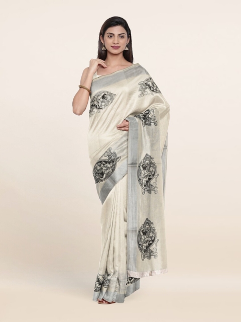 

Pothys Off White & Black Ethnic Motifs Zari Pure Cotton Saree