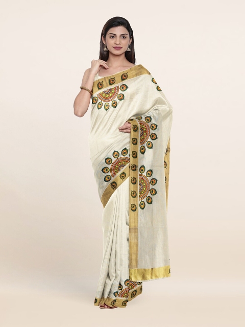 

Pothys Off White & Green Ethnic Motifs Zari Pure Cotton Saree