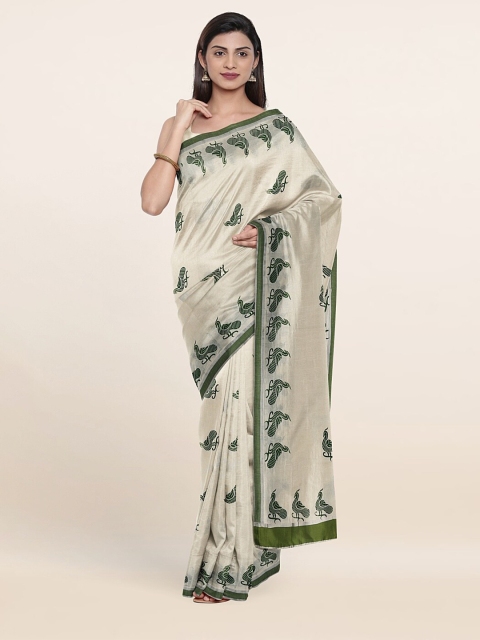 

Pothys Off White & Green Ethnic Motifs Pure Cotton Saree