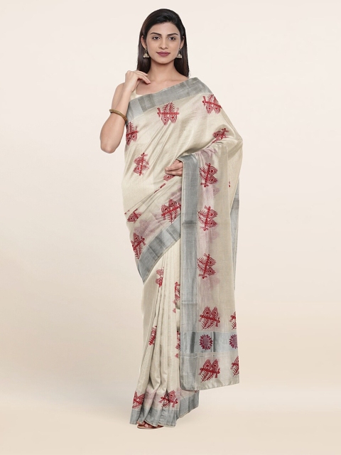 

Pothys Off White & Red Ethnic Motifs Zari Pure Cotton Saree