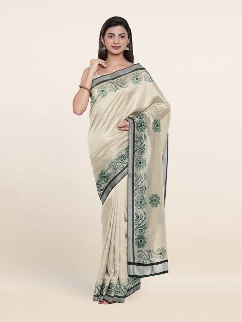 

Pothys Off White & Green Floral Zari Pure Cotton Saree