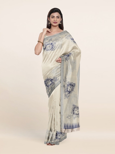 

Pothys Off White & Blue Ethnic Motifs Pure Cotton Saree