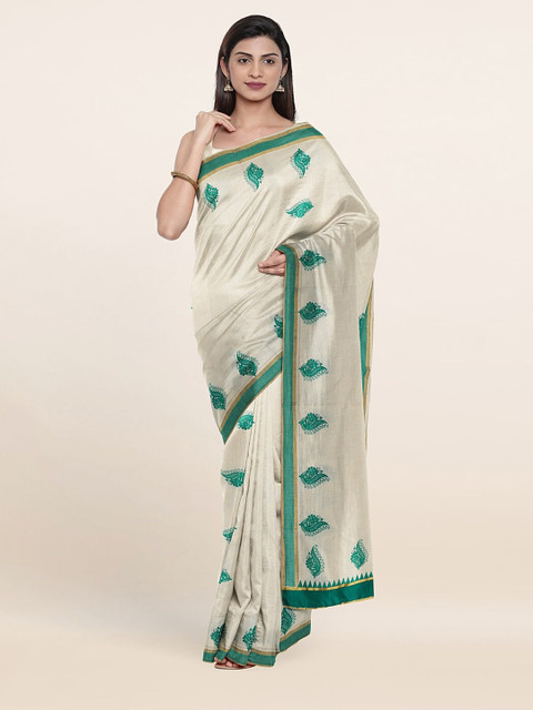 

Pothys Off White & Green Ethnic Motifs Pure Cotton Saree