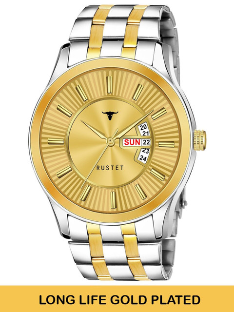 

RUSTET Men Gold-Toned Brass Dial & Silver Toned Bracelet Style Straps Analogue Watch