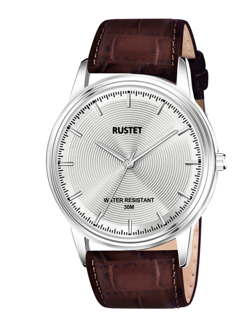 

RUSTET Men Silver-Toned Brass Printed Dial & Brown Leather Straps Analogue Watch