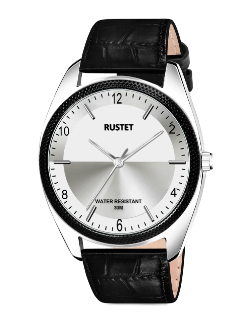 

RUSTET Men Silver-Toned Brass Printed Dial & Black Leather Straps Analogue Watch