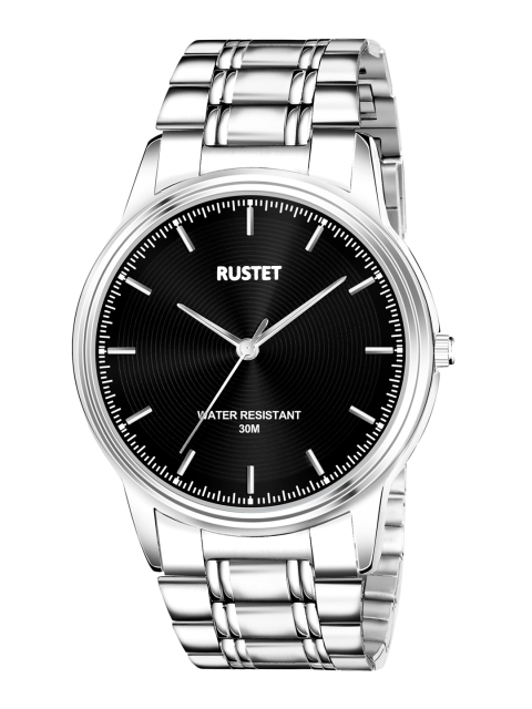 

RUSTET Men Black Brass Printed Dial & Silver Toned Stainless Steel Bracelet Style Straps Analogue Watch