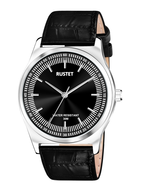 

RUSTET Men Black Brass Printed Dial & Black Leather Straps Analogue Watch