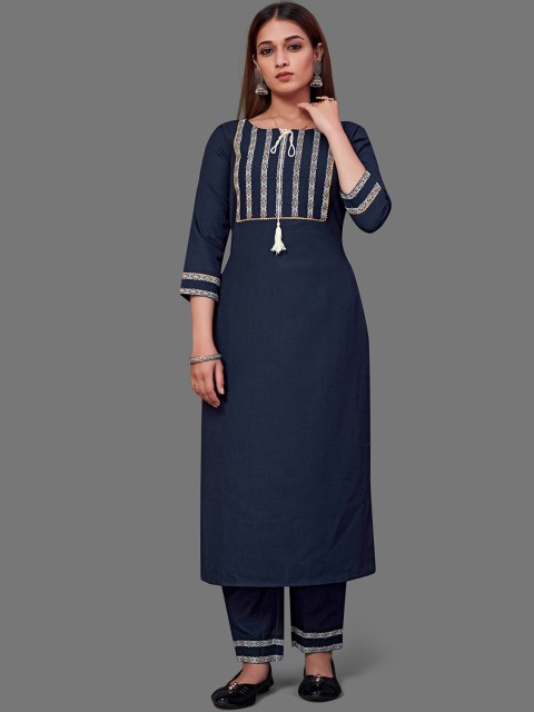 

Zainab chottani Women Blue Yoke Design Pure Cotton Kurti with Pyjamas