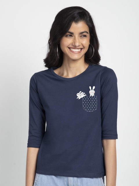

Bewakoof Women Navy Blue Floral Pure Cotton Slim Fit T-shirt
