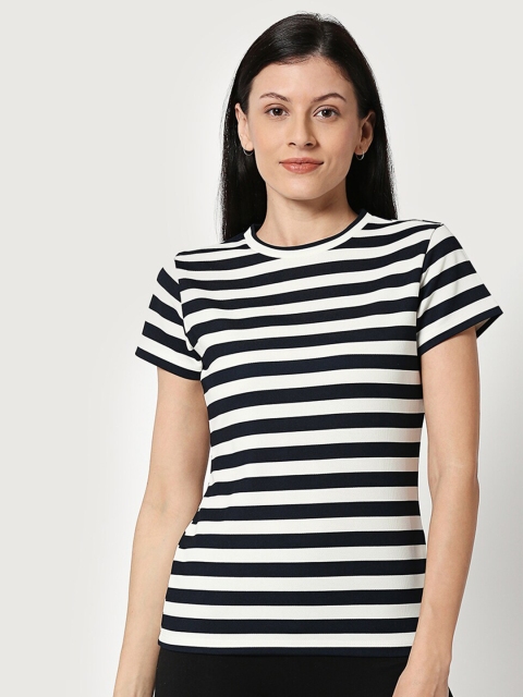 

Bewakoof Women White & Black Striped Slim Fit T-shirt
